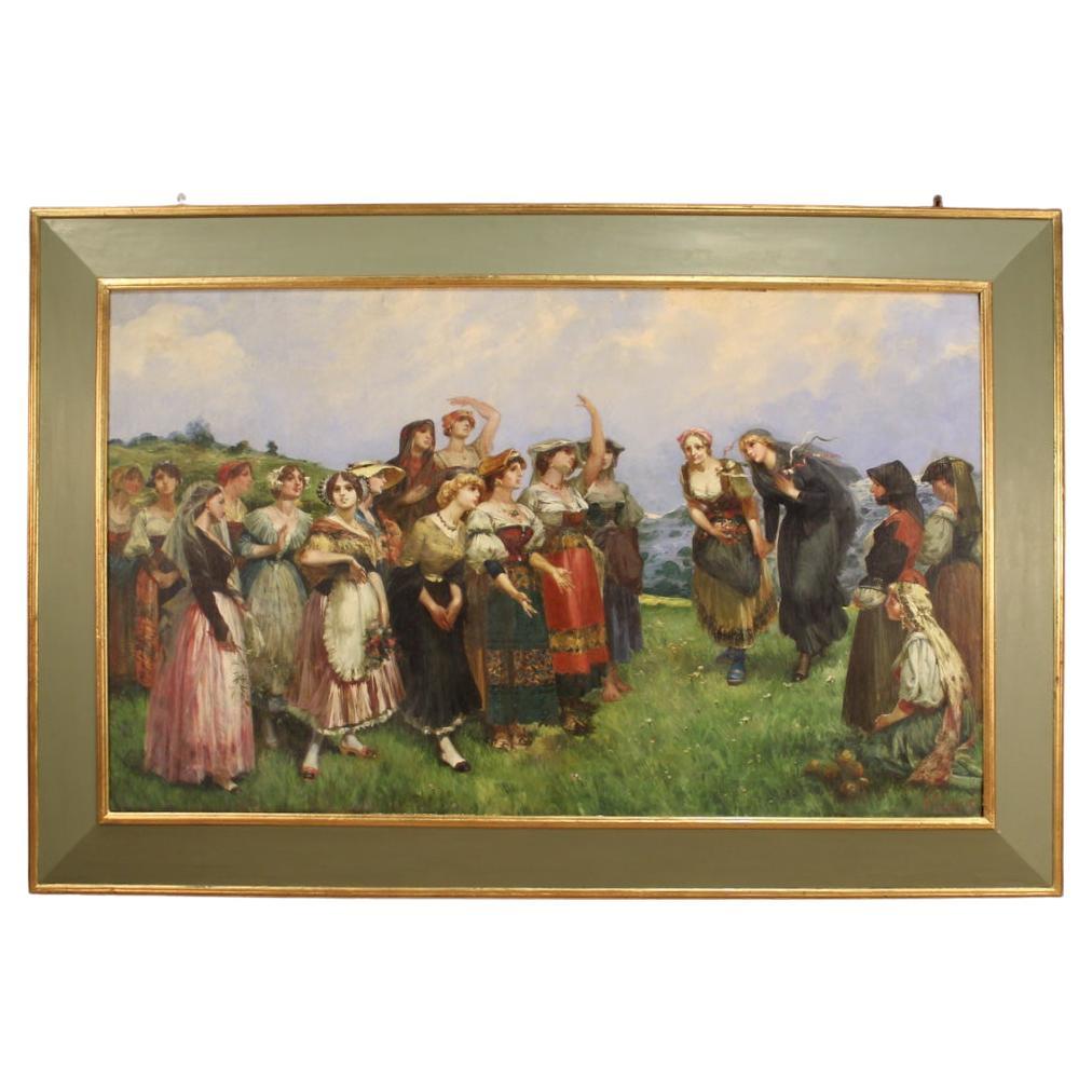 20th Century Oil on Canvas Italian Signed Painting Genre Scene Peasant Women