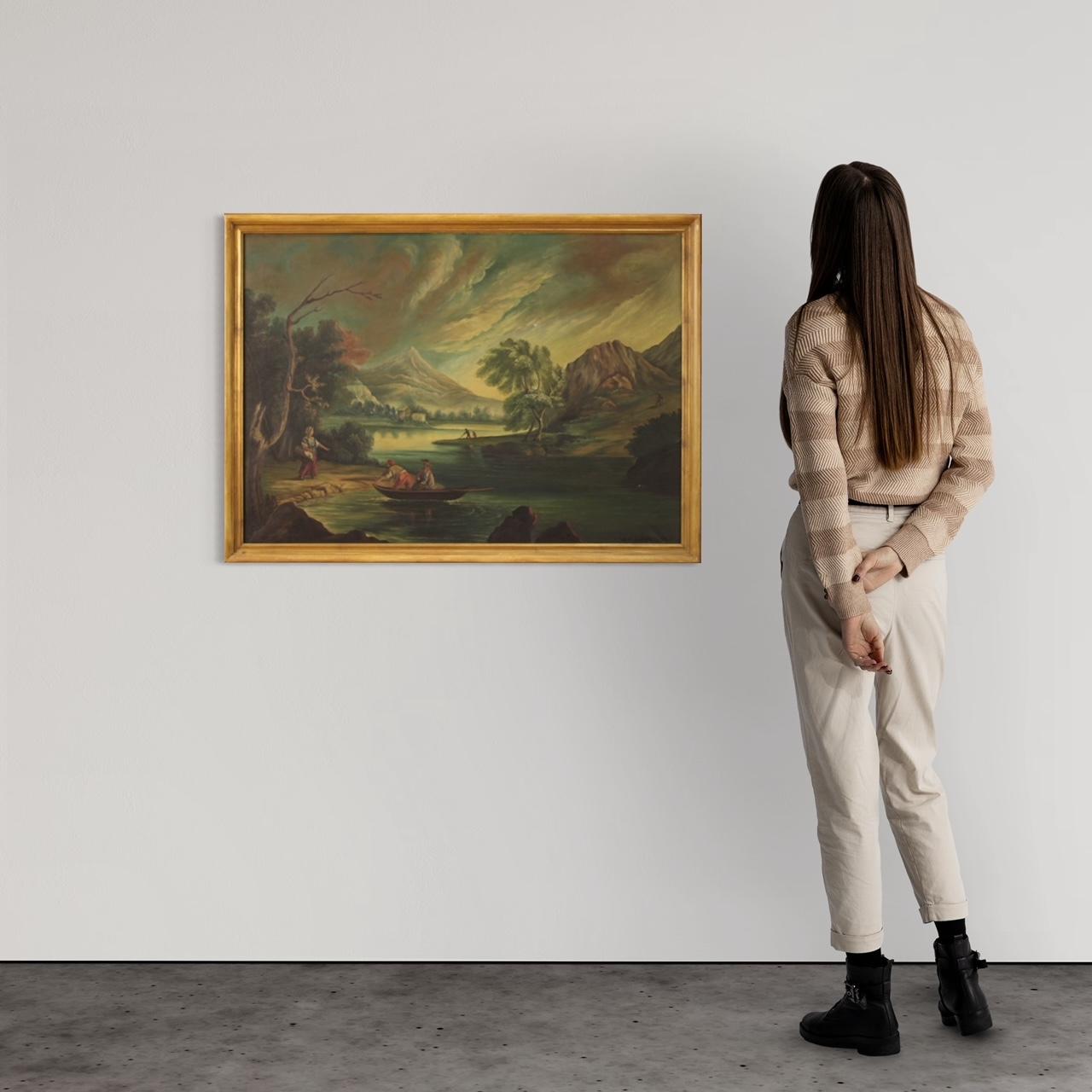 Huile sur toile italienne du 20ème siècle, signée, paysage avec caractères en vente 6