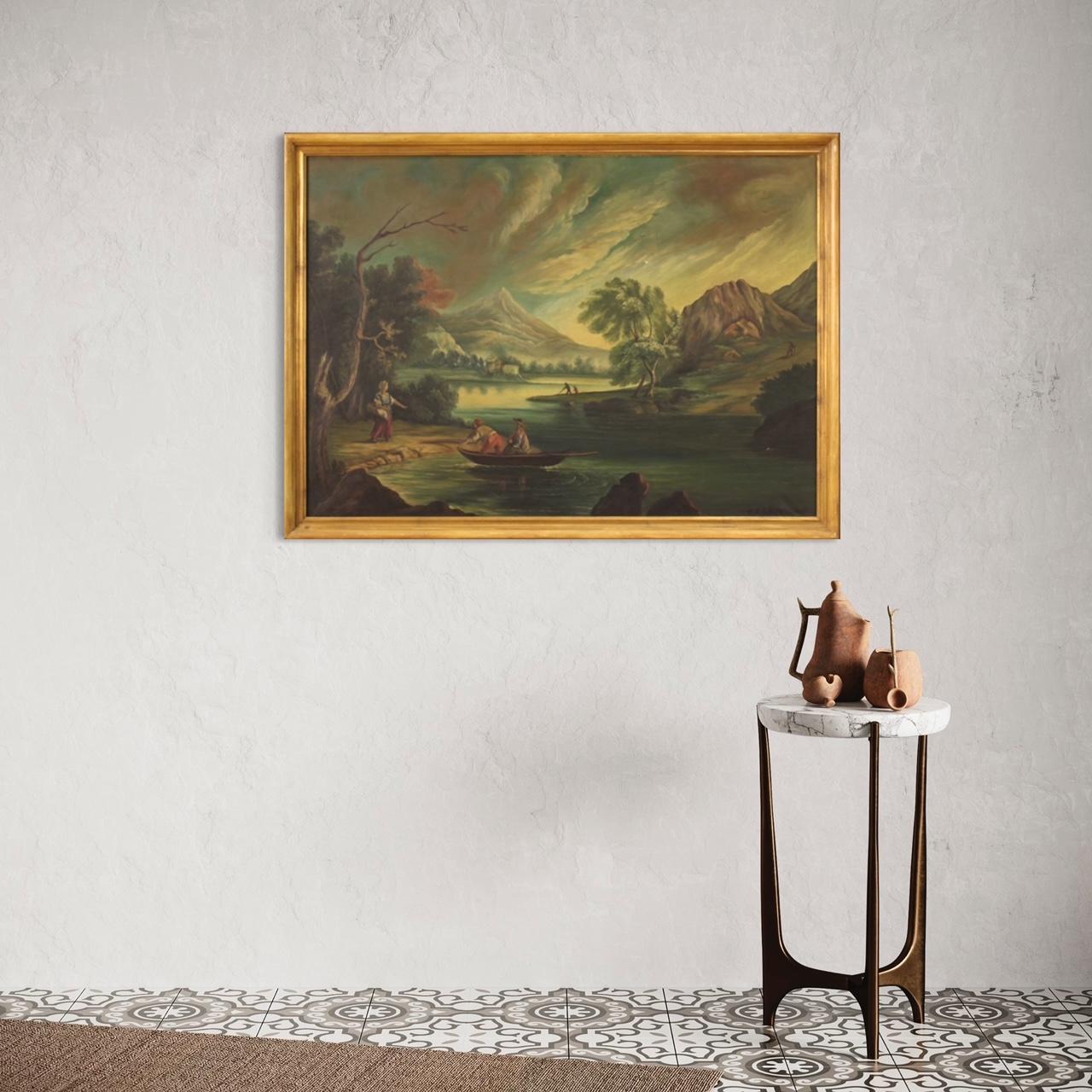 20. Jahrhundert Öl auf Leinwand Italienisch signiert Gemälde Landschaft mit Charakteren im Angebot 10