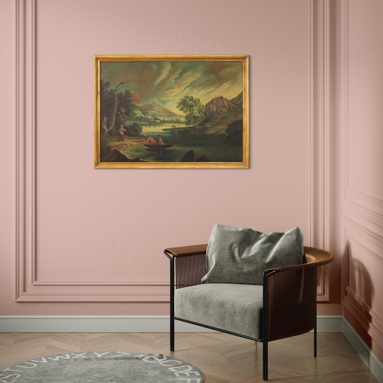 Huile sur toile italienne du 20ème siècle, signée, paysage avec caractères en vente 9