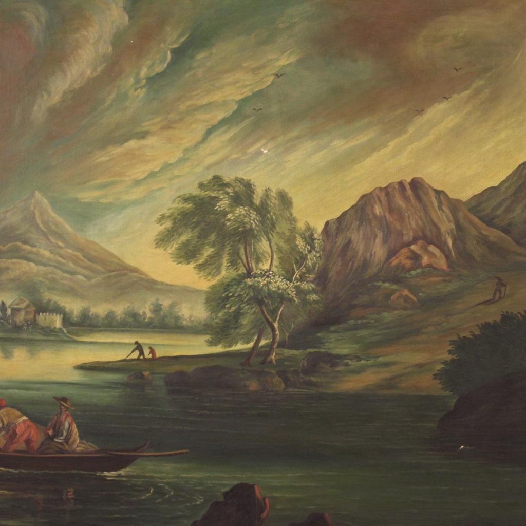 20ième siècle Huile sur toile italienne du 20ème siècle, signée, paysage avec caractères en vente