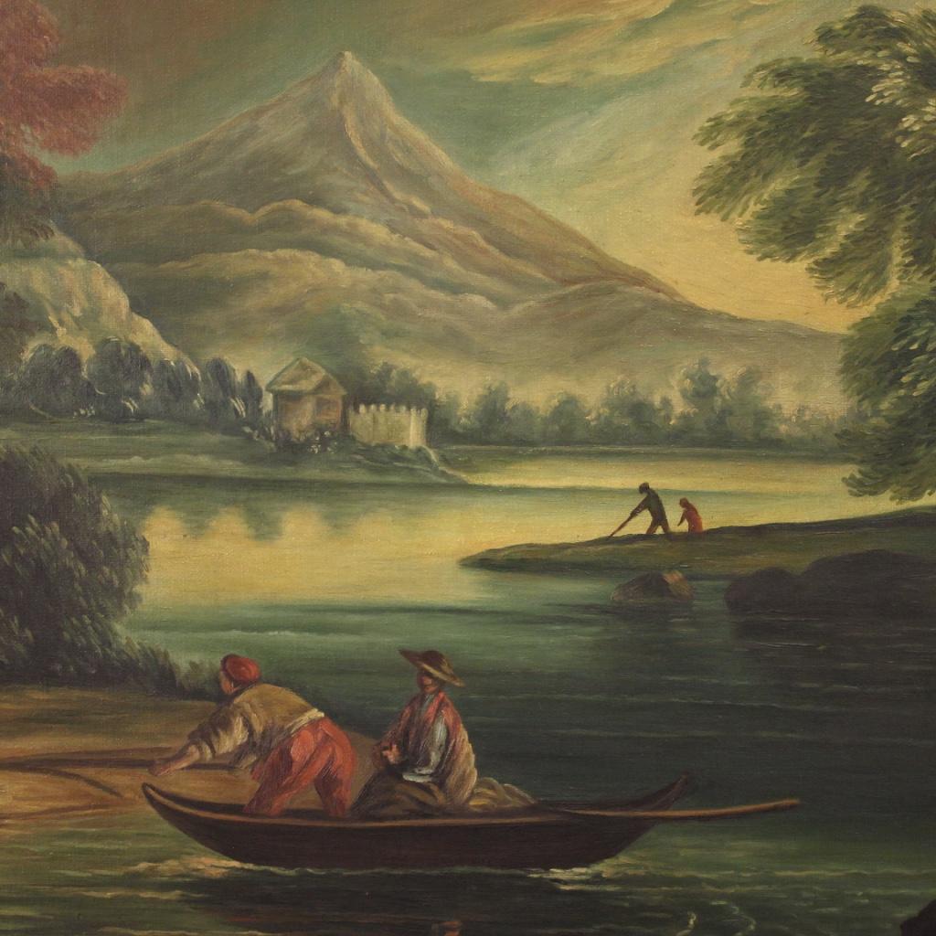 Toile Huile sur toile italienne du 20ème siècle, signée, paysage avec caractères en vente