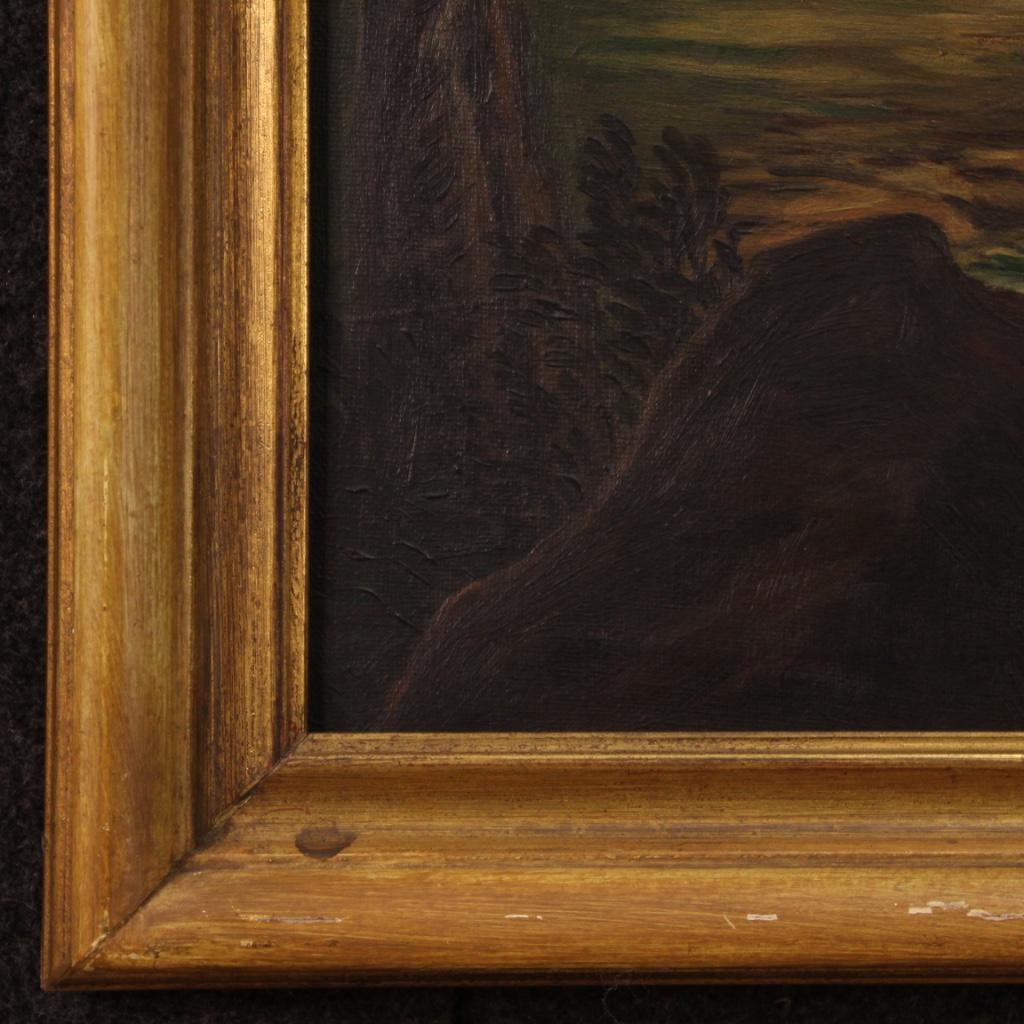 Huile sur toile italienne du 20ème siècle, signée, paysage avec caractères en vente 2