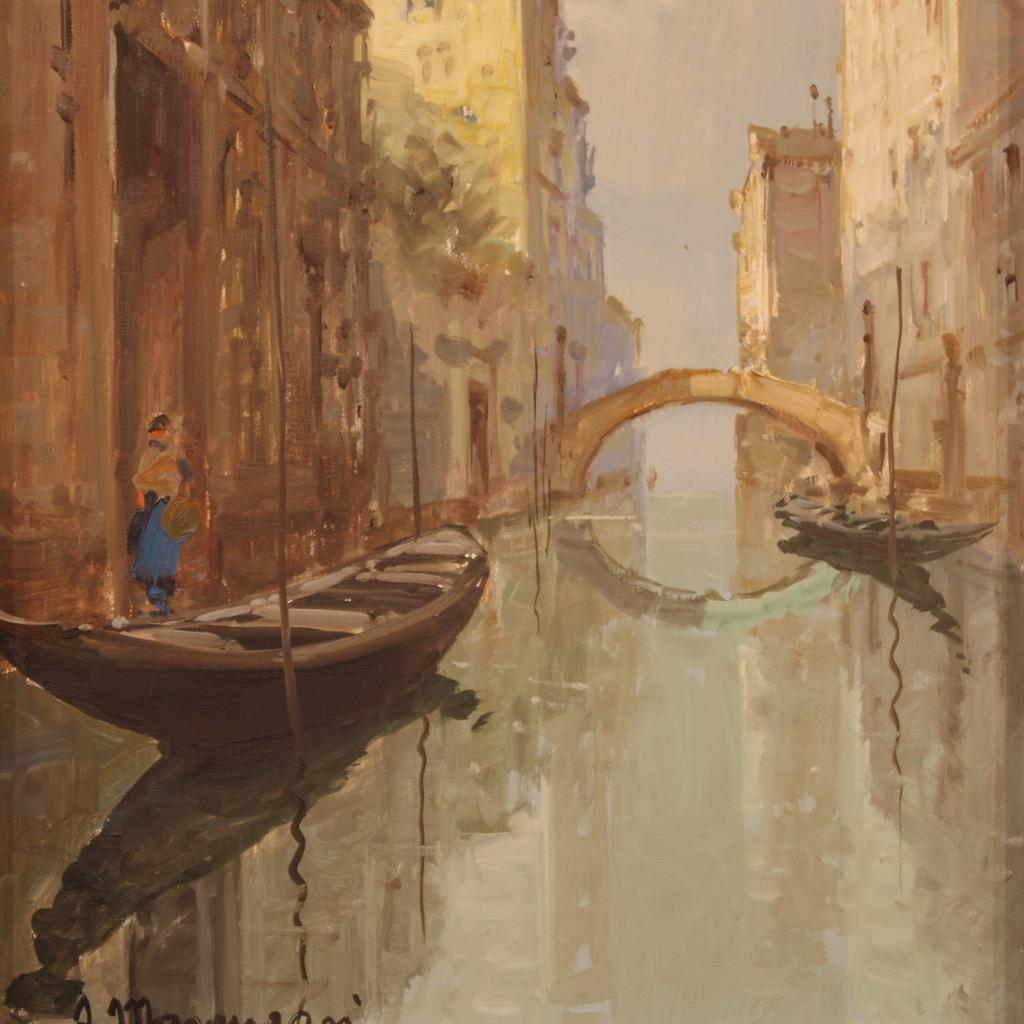 Italian painting from the second half of the 20th century. Artwork oil on canvas depicting a view of Venice in impressionist style of good pictorial quality. Artwork that develops vertically, of contained size, with wooden frame complete with fabric