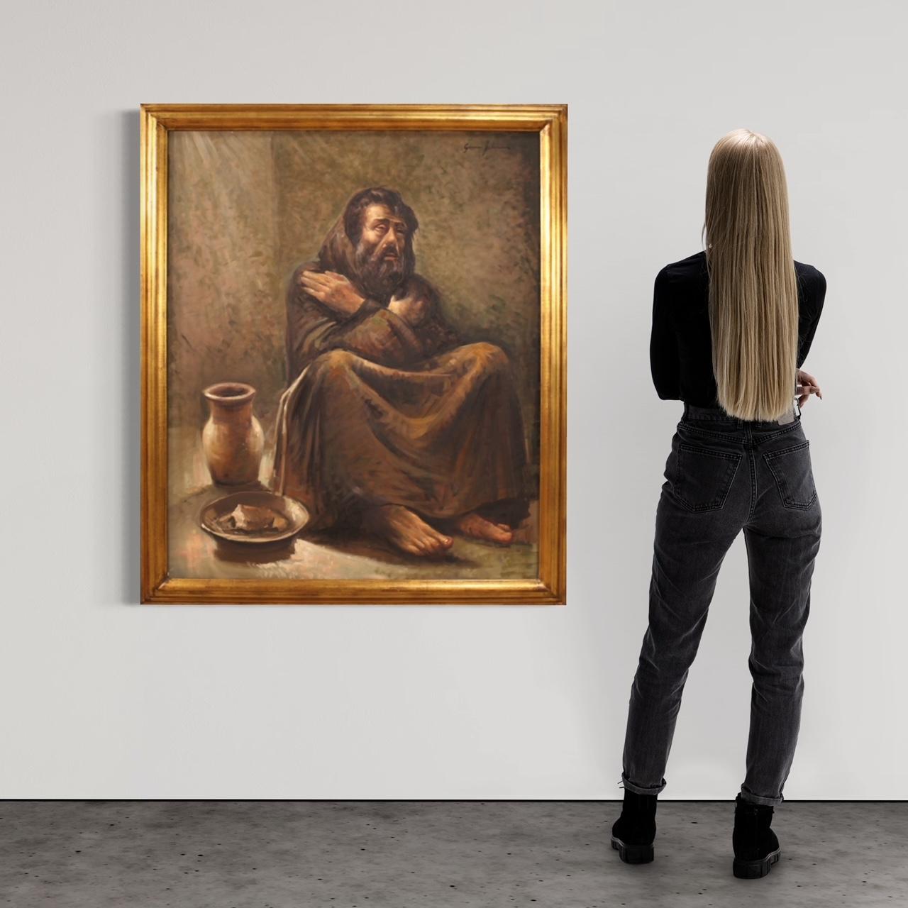 Peinture italienne de la seconde moitié du 20e siècle. Cadre à l'huile sur toile représentant le portrait d'un mendiant âgé avec une assiette et une cruche, de bonne qualité picturale. Peinture signée dans le coin supérieur droit Giovanni Faliero
