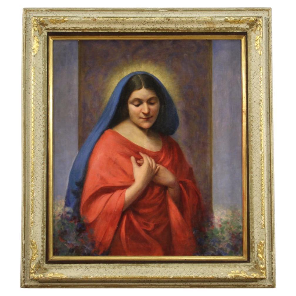 Italian painting dated 1929. Oil on canvas framework depicting Madonna of excellent pictorial quality. Nice size and pleasant impact painting, characterized by bright colors, good brightness. First canvas painting, signed and dated lower right (see