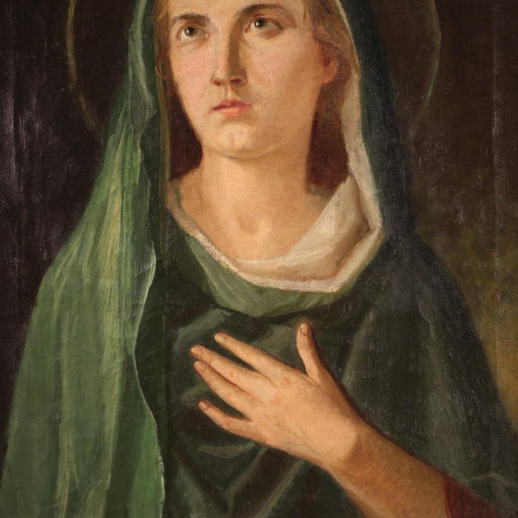 Italian painting from the first half of the 20th century. Framework oil on canvas, on the first canvas, depicting a religious subject Saint (under study) of moderate pictorial quality. Painting adorned with a frame in wood and plaster richly carved