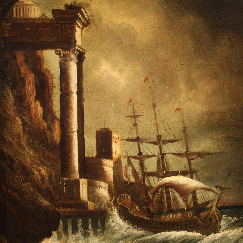 Italian painting from the second half of the 20th century. Artwork oil on canvas, on the first canvas, depicting a seascape with a vessel and eighteenth-century style architecture of good pictorial quality. Contemporary frame in carved, lacquered