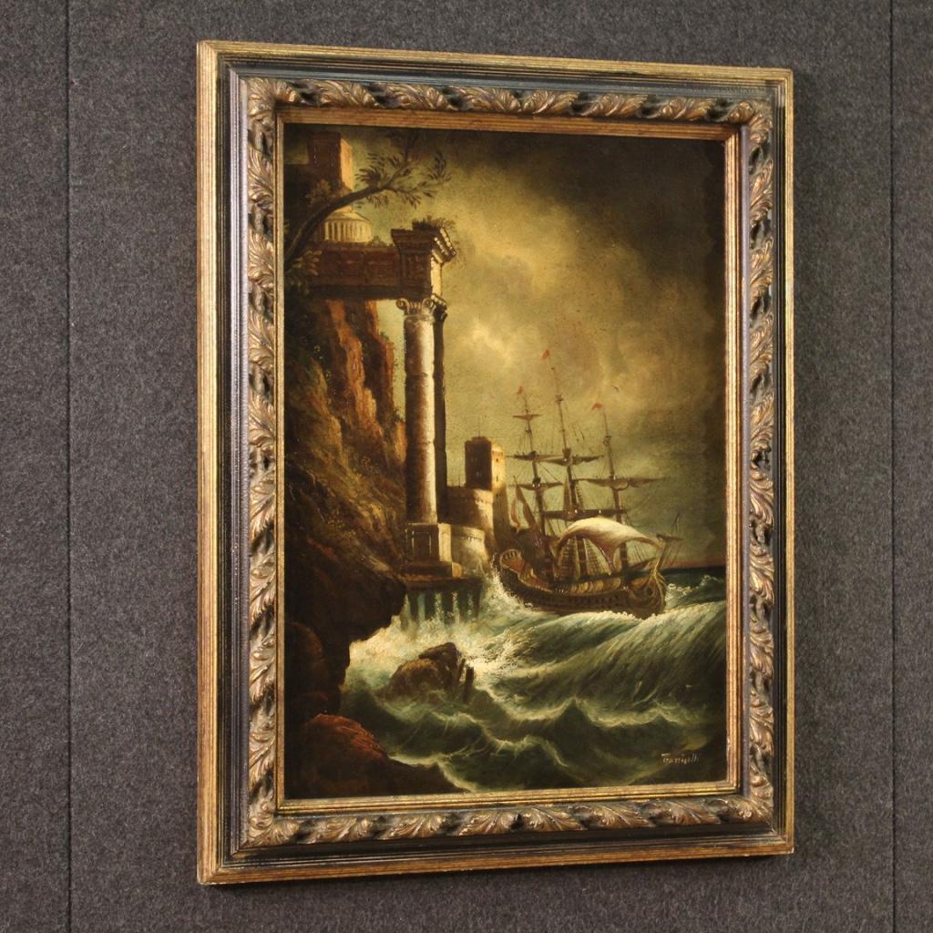 20th Century Oil on Canvas Italian Signed Seascape Painting, 1960 For Sale 4
