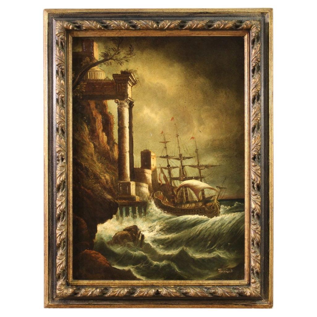 20th Century Oil on Canvas Italian Signed Seascape Painting, 1960 For Sale