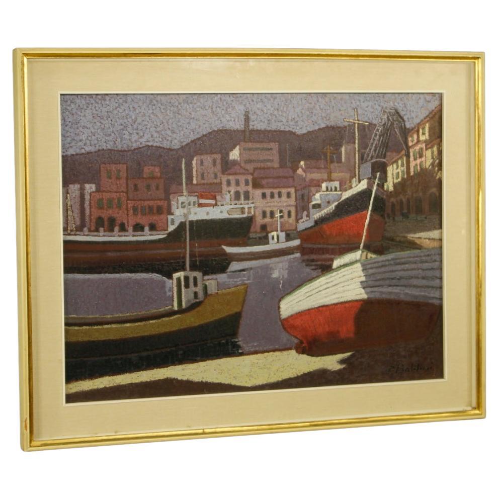 huile sur toile du 20e siècle Peinture italienne signée Seascape With boats, 1960
