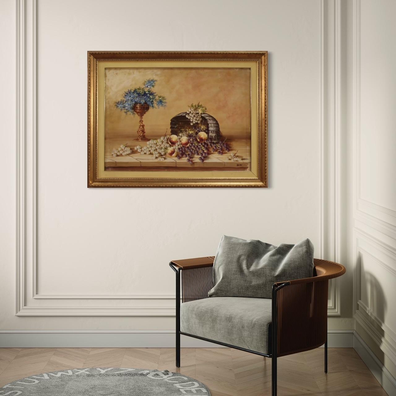Great Italian painting from the mid-20th century. Work oil on canvas, first canvas, depicting still life with flowers and fruit of good pictorial quality. Very bright painting complete with finely chiseled and gilded wooden and plaster frame with