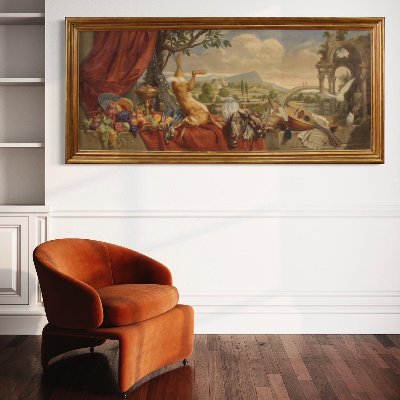 Great Italian painting from the first half of the 20th century. Oil on canvas artwork, first canvas, depicting a landscape with rich still life of excellent pictorial quality and fabulous decor. Framework that develops horizontally, of exceptional