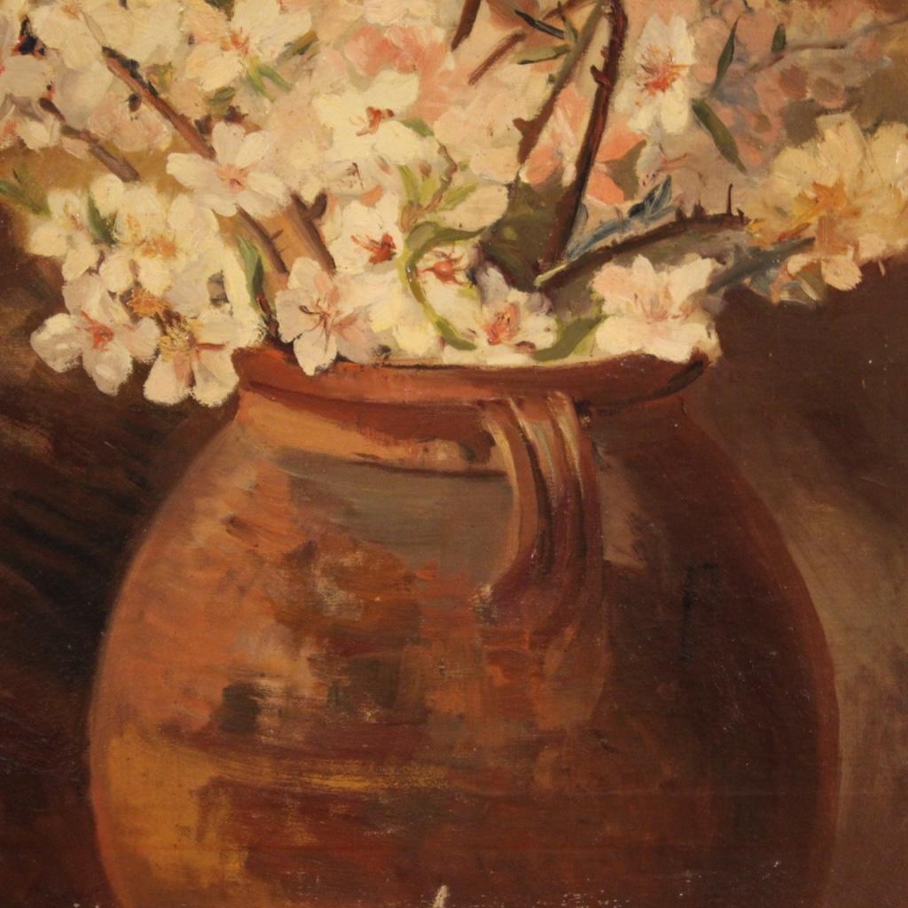 20th Century Oil on Canvas Italian Signed Still Life Painting Vase with Flowers 4