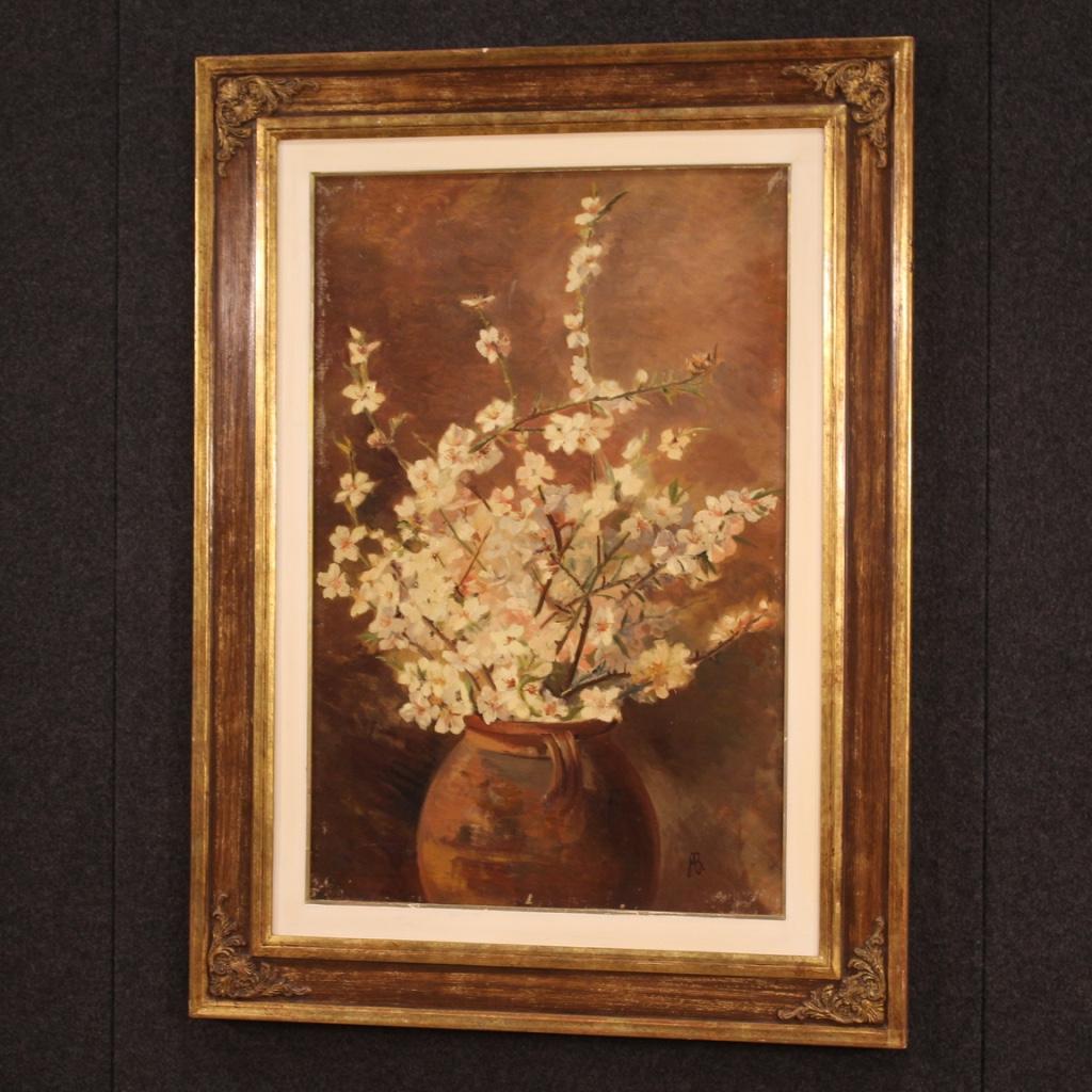 20th Century Oil on Canvas Italian Signed Still Life Painting Vase with Flowers 6