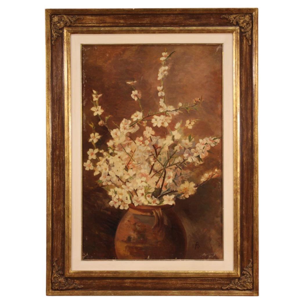 20th Century Oil on Canvas Italian Signed Still Life Painting Vase with Flowers