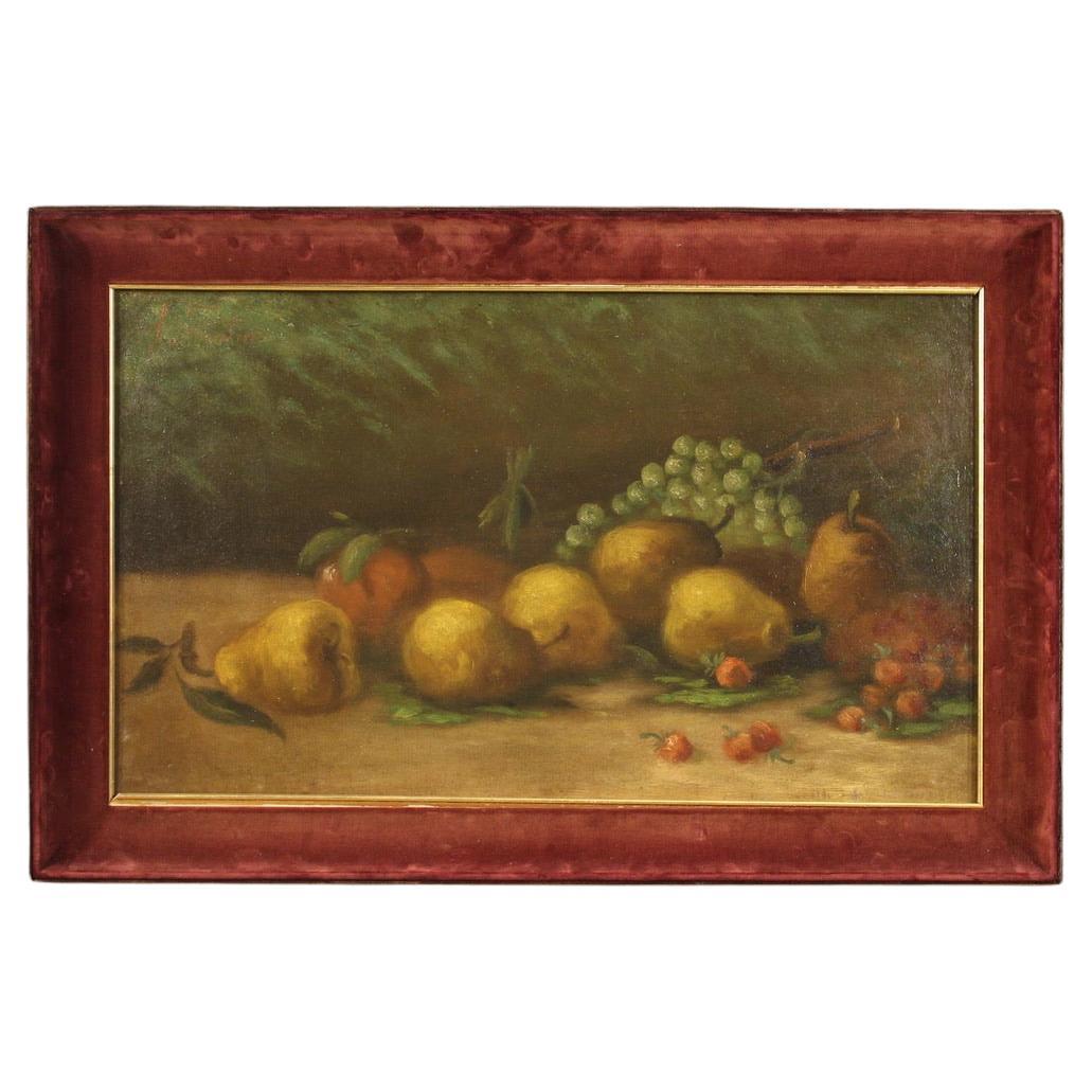 Peinture à l'huile sur toile italienne du 20ème siècle, nature morte avec fruits, signée, 1950 en vente