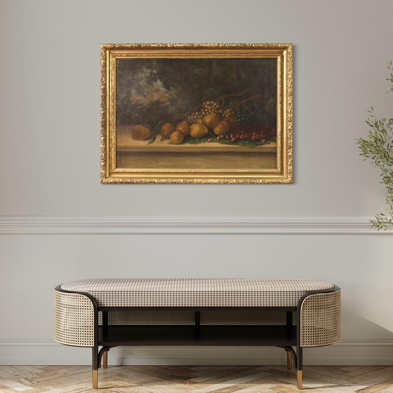 Italian painting from the first half of the 20th century. Artwork oil on canvas depicting still life with fruit of good pictorial quality. Nice sized and pleasantly furnished painting decorated with a carved and gilded wooden and plaster frame