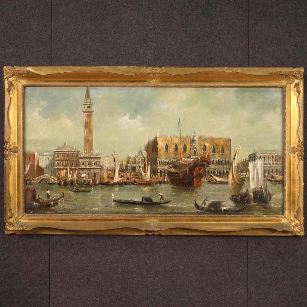 Italian painting from the first half of the 20th century. Artwork oil on canvas, on the first canvas, depicting an amazing view of Venice from the canal with the clock tower, church, bell tower and ducal palace in the background. Artwork that