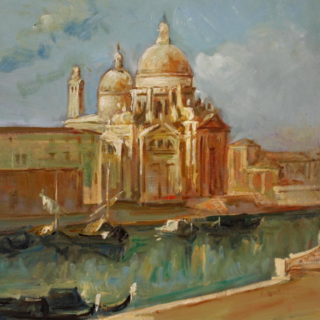 20th century Italian painting. Oil painting on canvas depicting a view of Venice in impressionist style of good pictorial quality. Framework of excellent proportion, that can be easily placed in different points of the house. Modern frame in wood