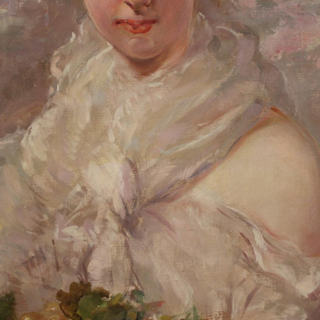 Olio su tela del XX secolo - Ritratto di ragazza firmato in Italia, 1920 in vendita 7