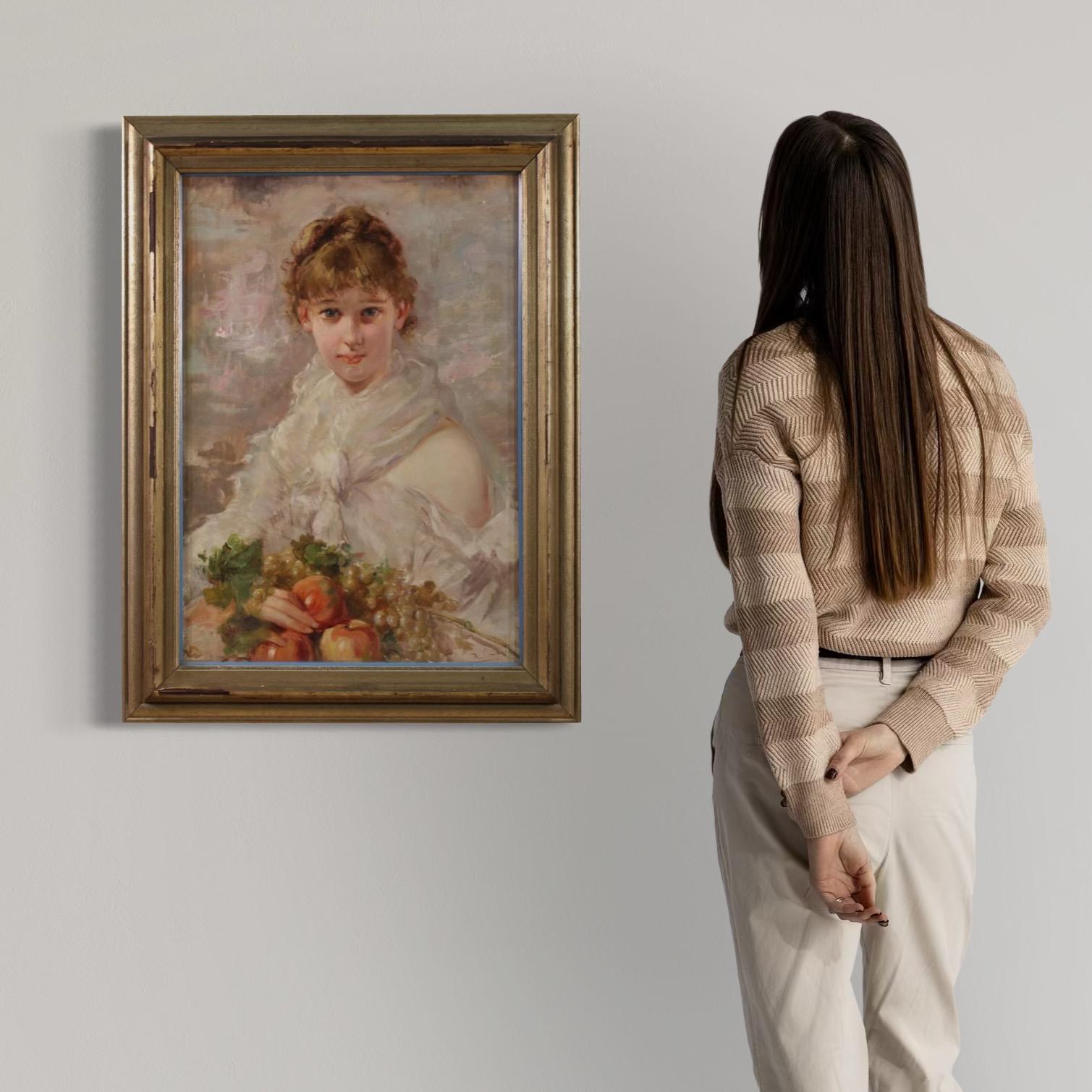 Pittura italiana della prima metà del XX secolo. Opera d'arte ad olio su tela, prima tela, raffigurante un ritratto di una ragazza con frutta, con buona qualità pittorica. Il quadro si dispiega in verticale, ha una buona luminosità ed è