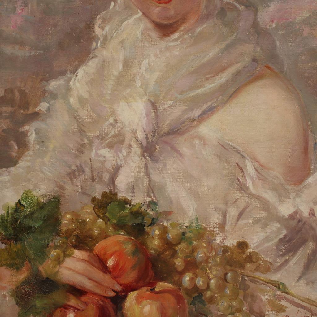 Olio su tela del XX secolo - Ritratto di ragazza firmato in Italia, 1920 In condizioni discrete in vendita a Vicoforte, Piedmont