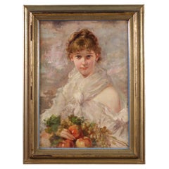 20th Century Oil on Canvas Italian Signed Young Girl Portrait Painting, 1920