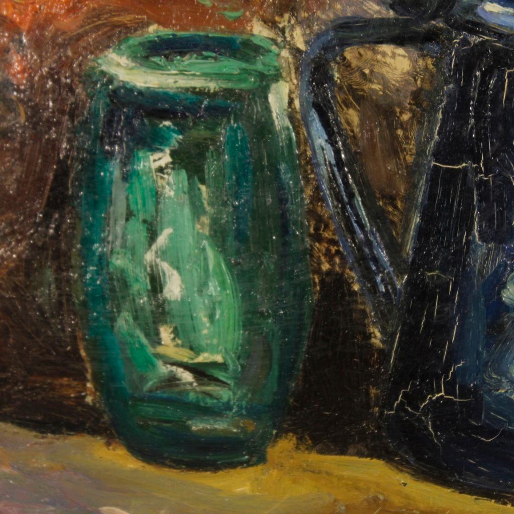 Wood 20th Century Oil on Canvas Italian Still Life Impressionist Style Painting, 1970 For Sale