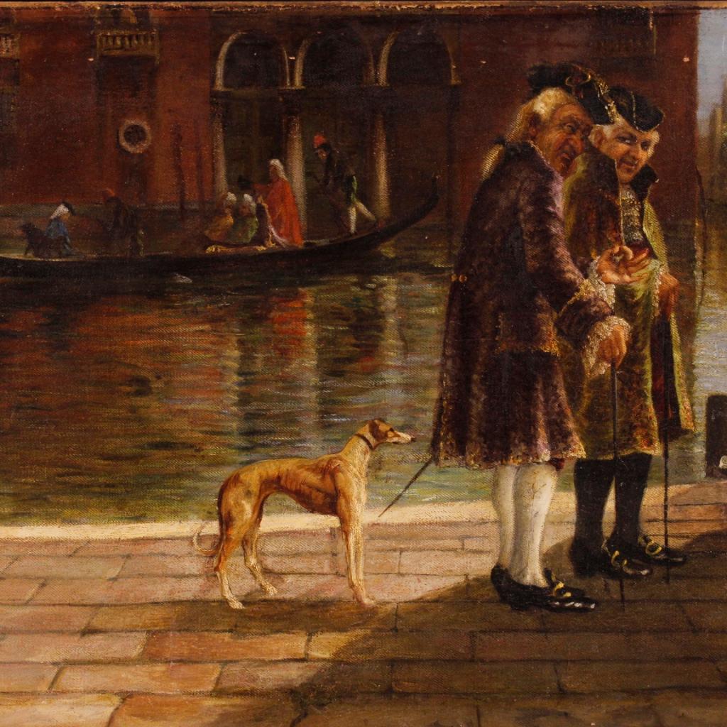 Italian painting from first half of the 20th century. Work oil on canvas depicting a view of the Venetian canal with characters in eighteenth-century style of good pictorial quality. Painted and golden wooden modern frame of beautiful decoration.