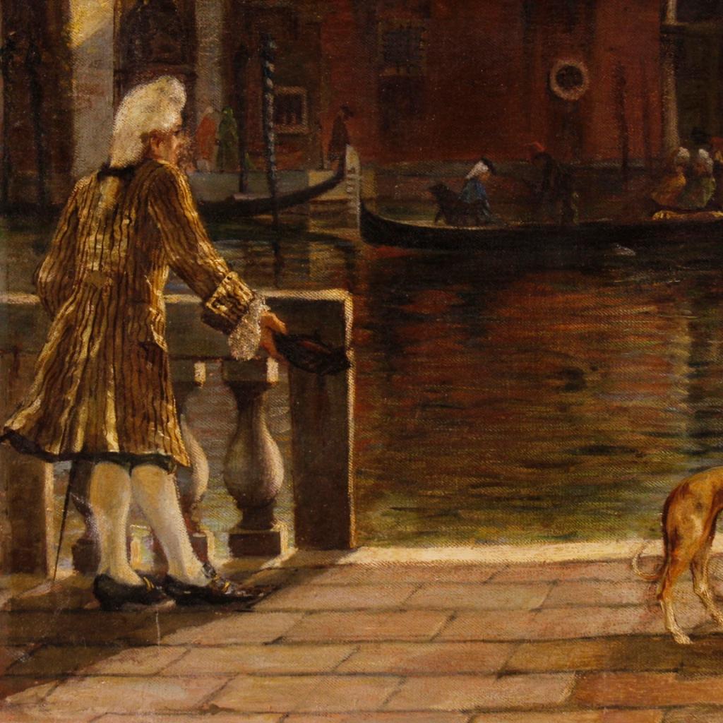Gilt 20th Century Oil on Canvas Italian Venetian Canal View with Characters Painting