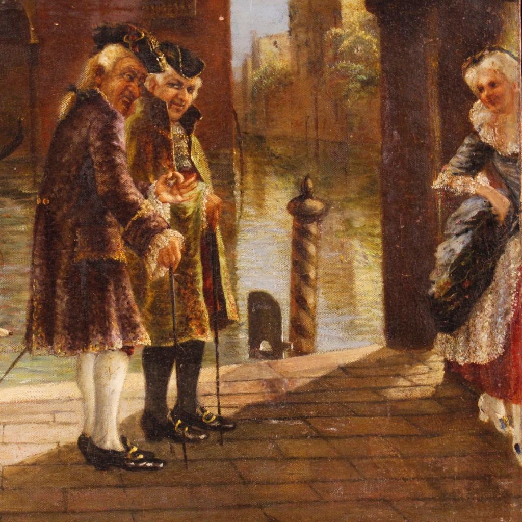 20th Century Oil on Canvas Italian Venetian Canal View with Characters Painting In Good Condition In Vicoforte, Piedmont