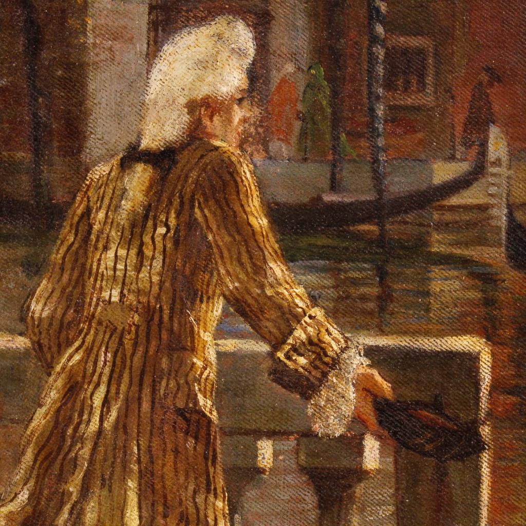 20th Century Oil on Canvas Italian Venetian Canal View with Characters Painting 1