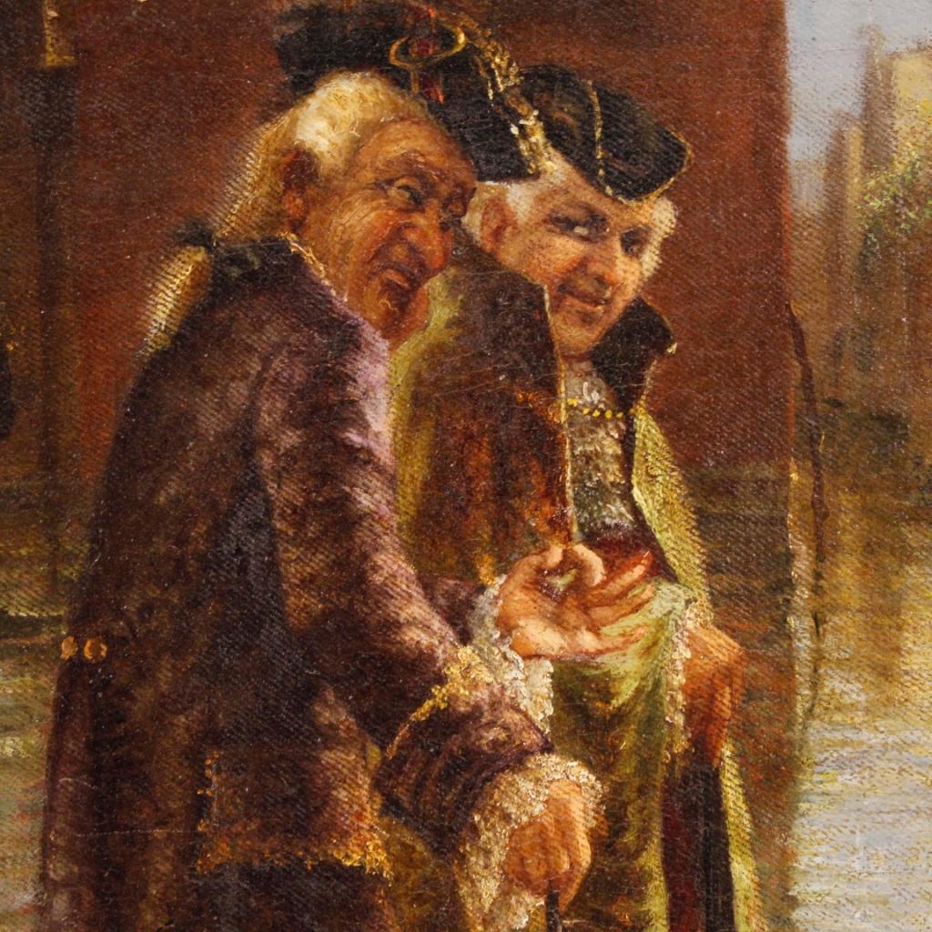 20th Century Oil on Canvas Italian Venetian Canal View with Characters Painting 2