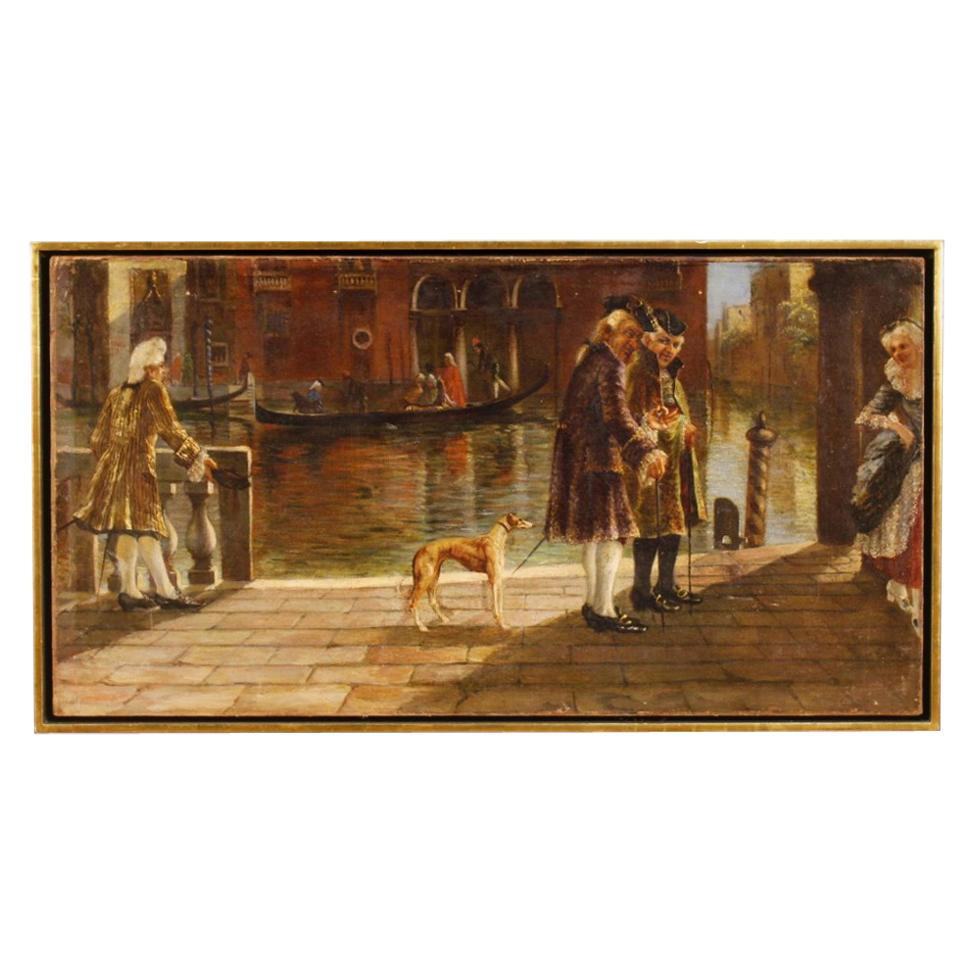 20th Century Oil on Canvas Italian Venetian Canal View with Characters Painting