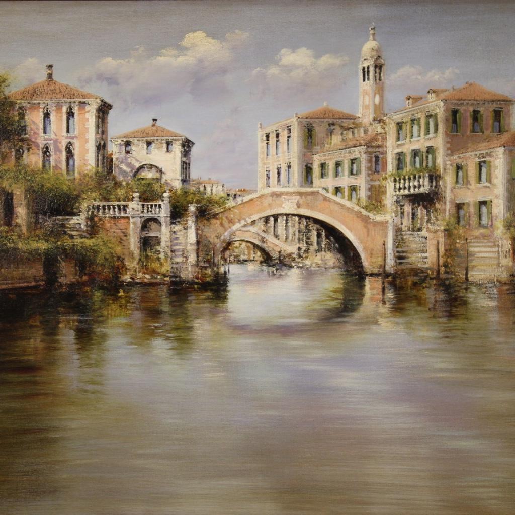 Italian painting from the second half of the 20th century. Framework oil on canvas depicting a bright view of Venice in impressionist style of good pictorial quality. Modern frame in wood and plaster finely chiseled and gilded (see photo). Nice size