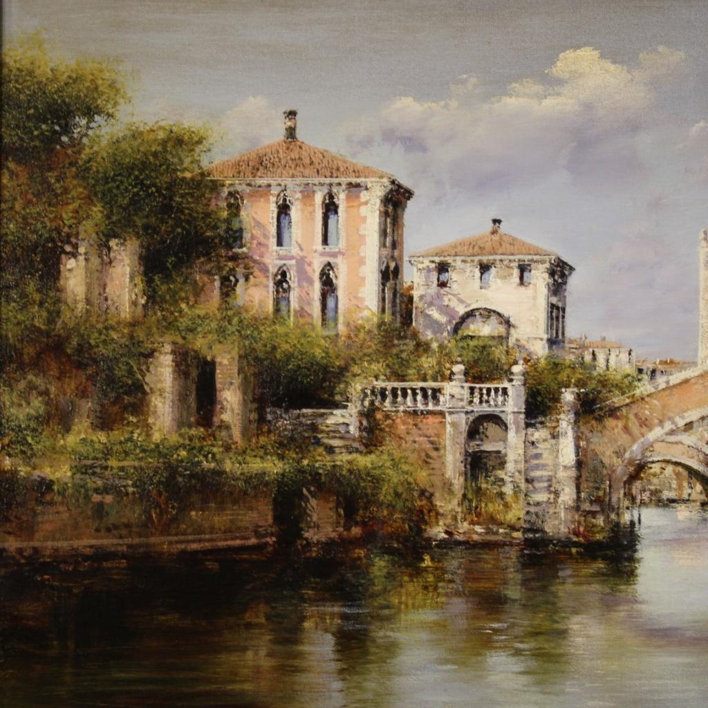 20th Century Oil on Canvas Italian Venice View Landscape Signed Painting, 1970 3