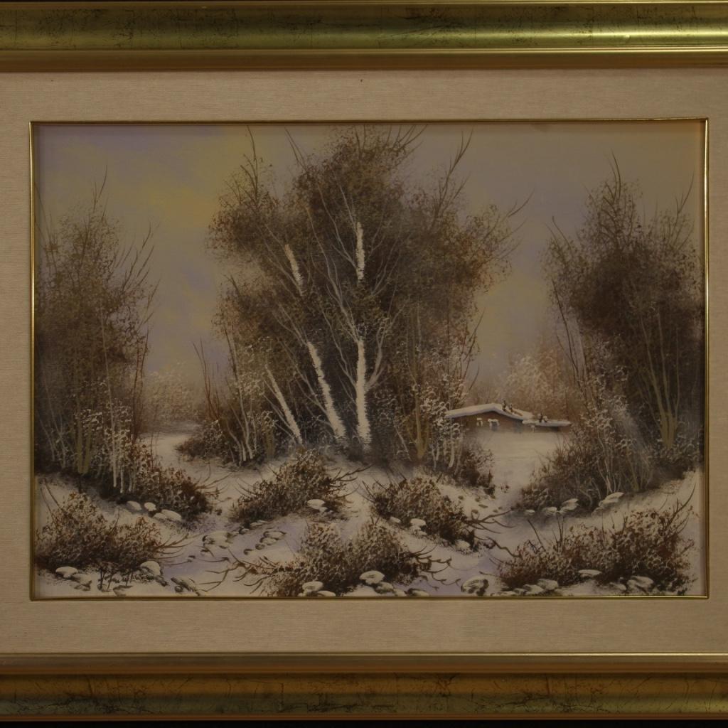 20th Century Oil on Canvas Italian Signed Winter Landscape Painting, 1970 For Sale 1