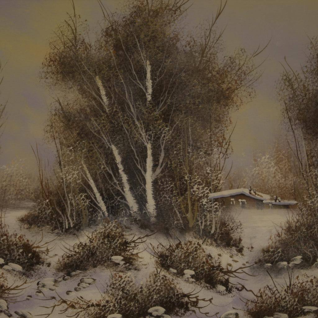 20th Century Oil on Canvas Italian Signed Winter Landscape Painting, 1970 For Sale 2