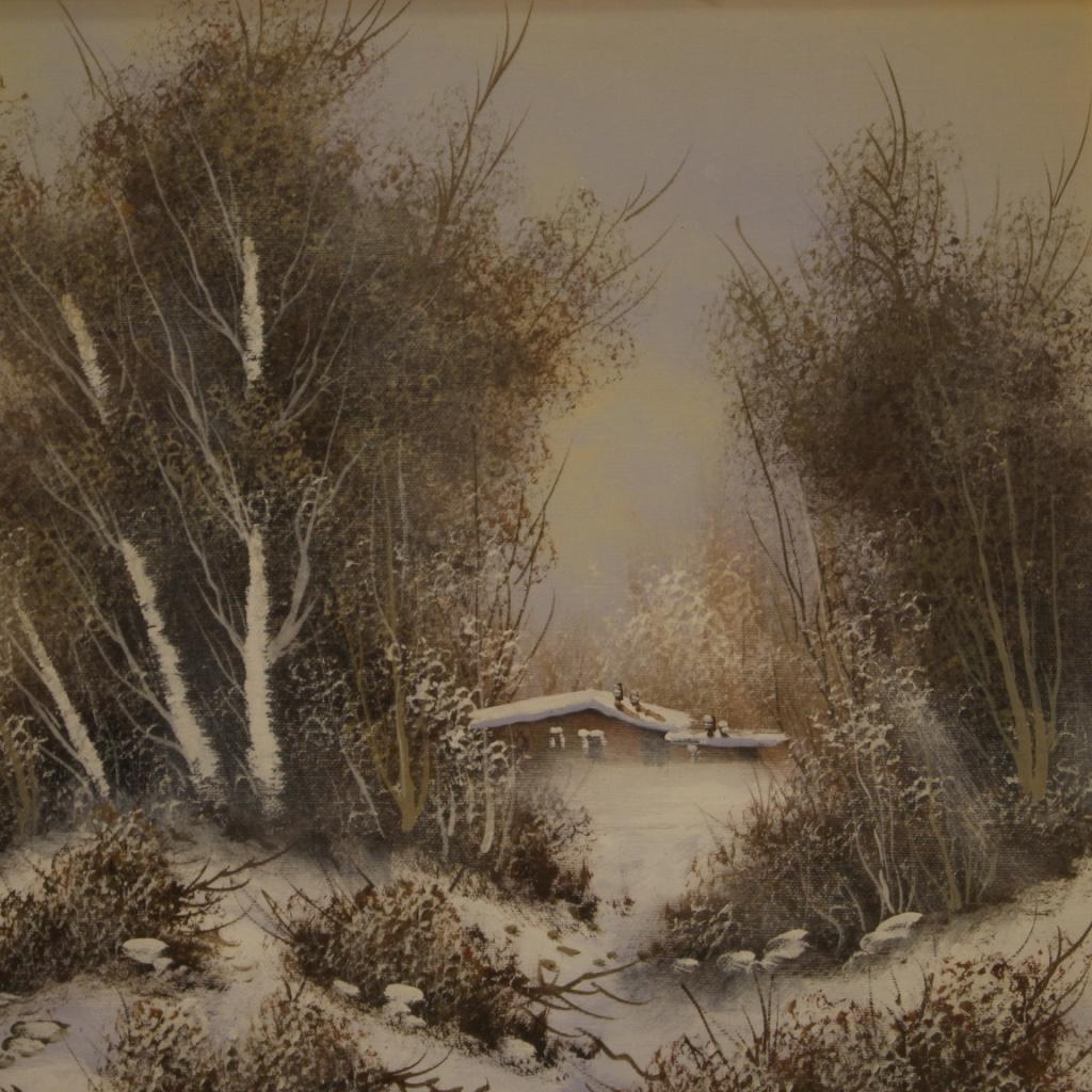 20th Century Oil on Canvas Italian Signed Winter Landscape Painting, 1970 For Sale 3