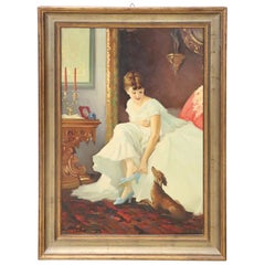 20th Century Oil on Canvas "Lady with Dog" Italian Painting with Frame, Signed