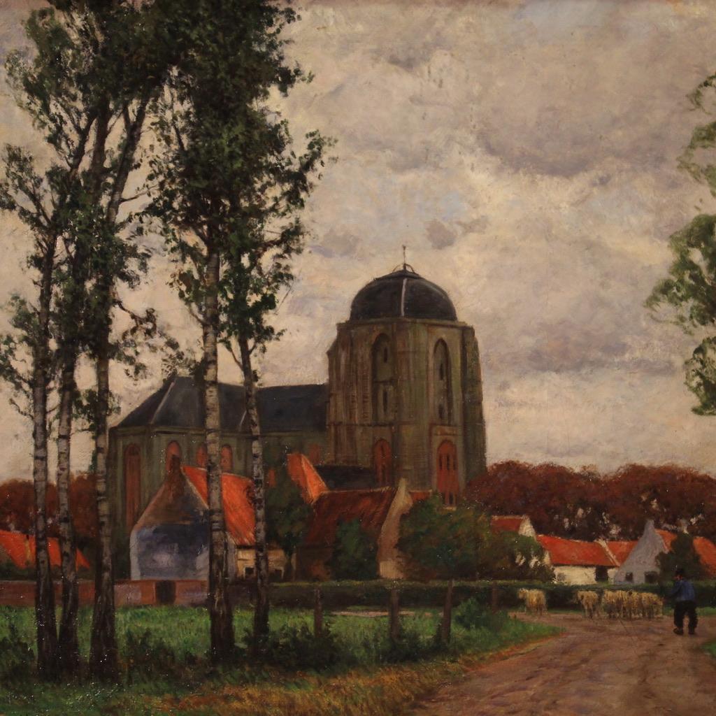 Paisaje firmado G. V. Hoven y fechado en 1918 atribuible al pintor alemán Gottfried Von Hoven (1868-1921), sin autentificar. Óleo sobre lienzo, primer lienzo, que representa una vista de una ciudad del norte de Europa con una espléndida iglesia