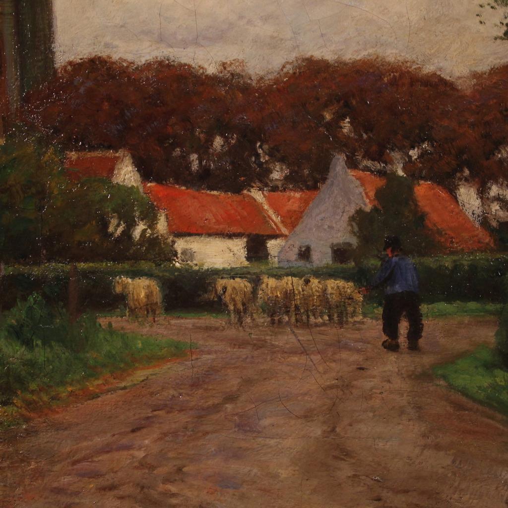 siglo XX Óleo sobre lienzo Pintura de paisaje Firmado Hoven Fechado 1918 Early 20th Century en venta