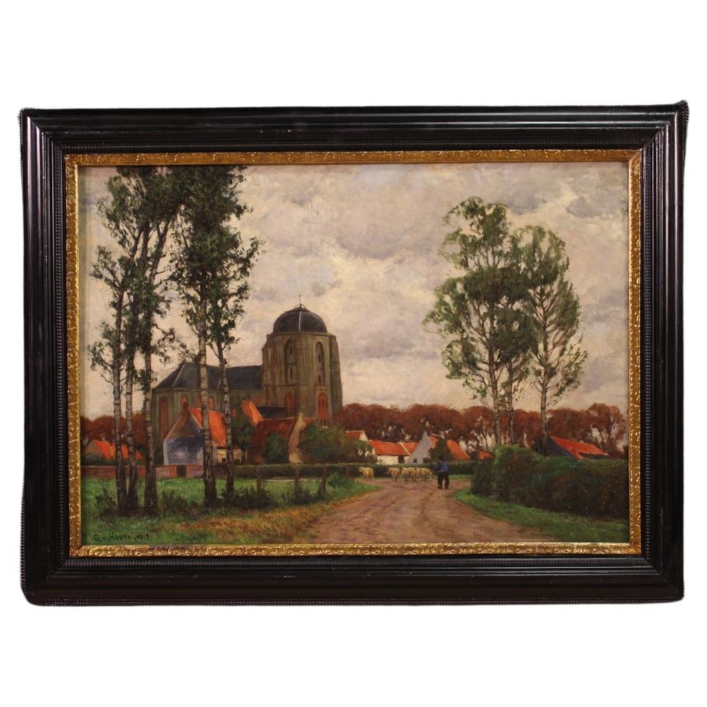 siglo XX Óleo sobre lienzo Pintura de paisaje Firmado Hoven Fechado 1918 en venta
