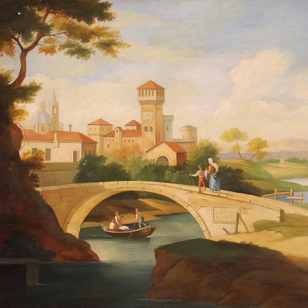 20th Century Oil on Canvas Landscape Painting with Figures, 1970 in vendita 5