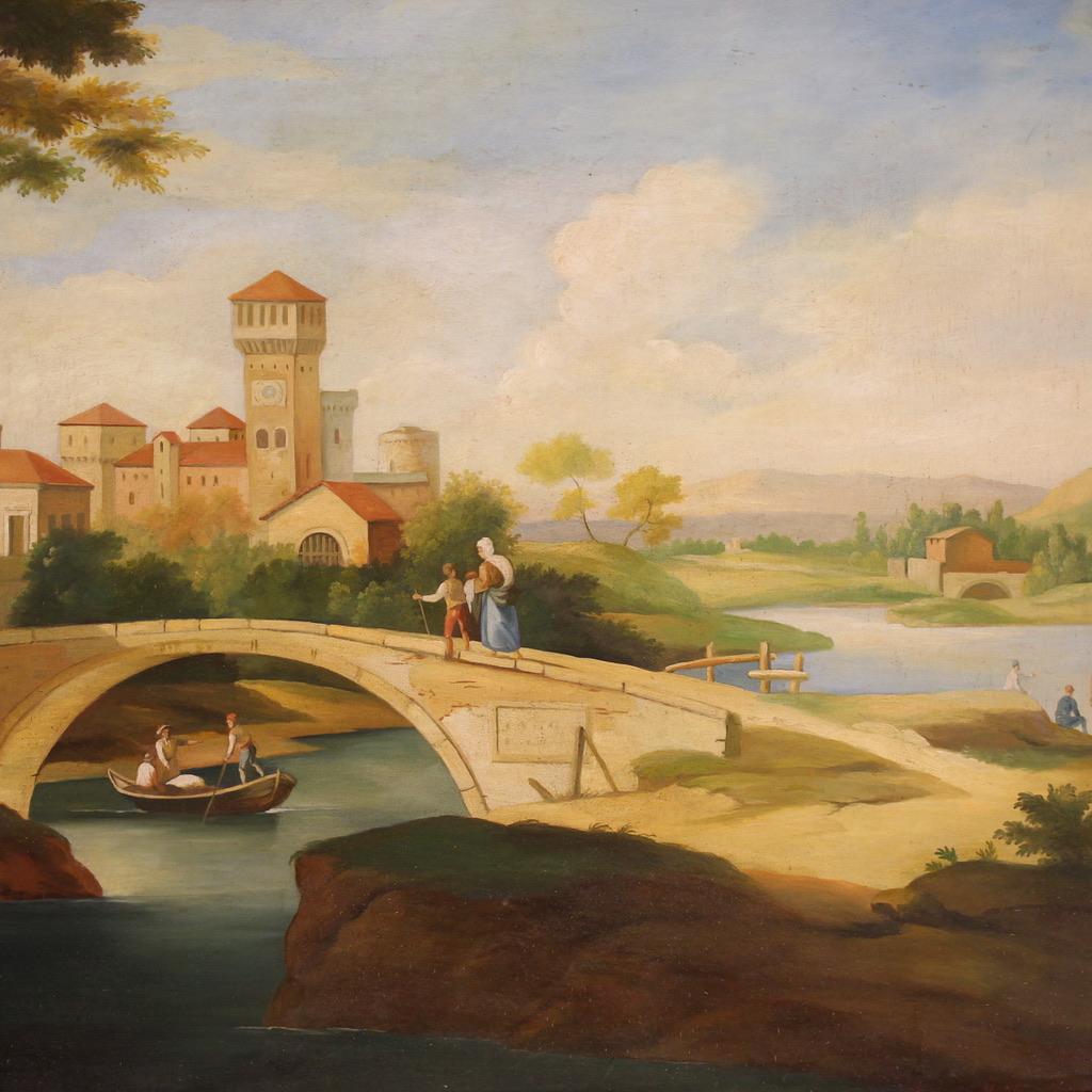 20th Century Oil on Canvas Landscape Painting with Figures, 1970 in vendita 6