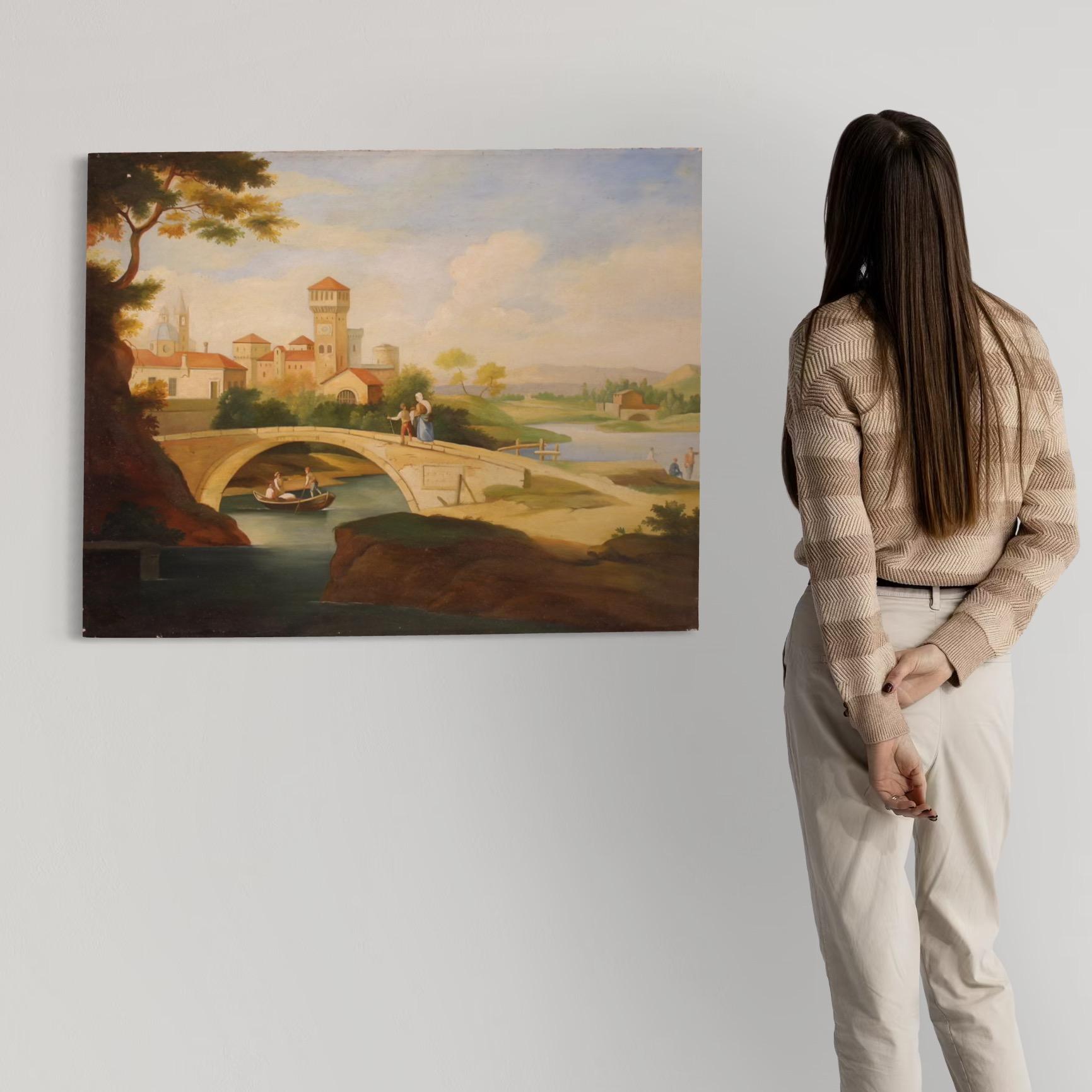 Italian painting from the second half of the 20th century. Oil on canvas artwork depicting a landscape with figures in 18th century style with good pictorial quality. Painting of excellent proportion and brightness with a pleasant view of the city