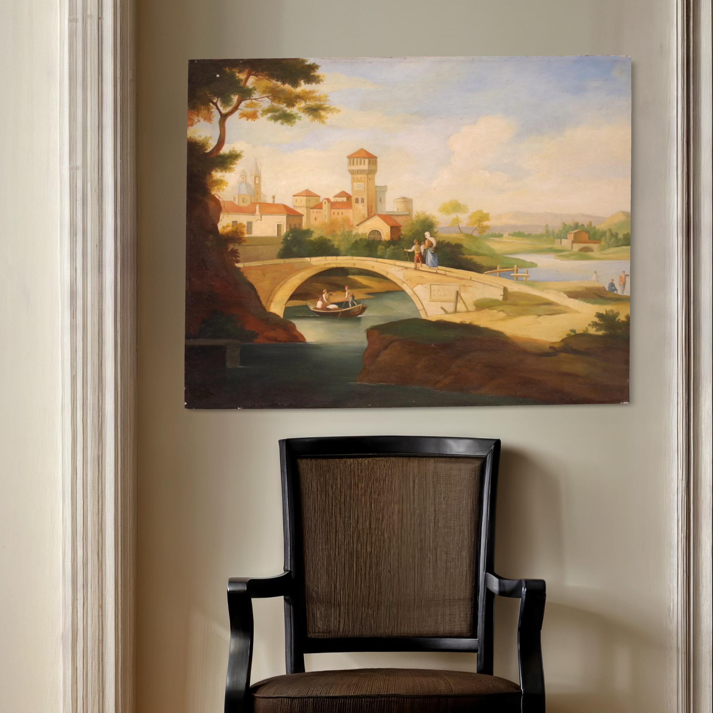 Italian 20th Century Oil on Canvas Landscape Painting with Figures, 1970 in vendita