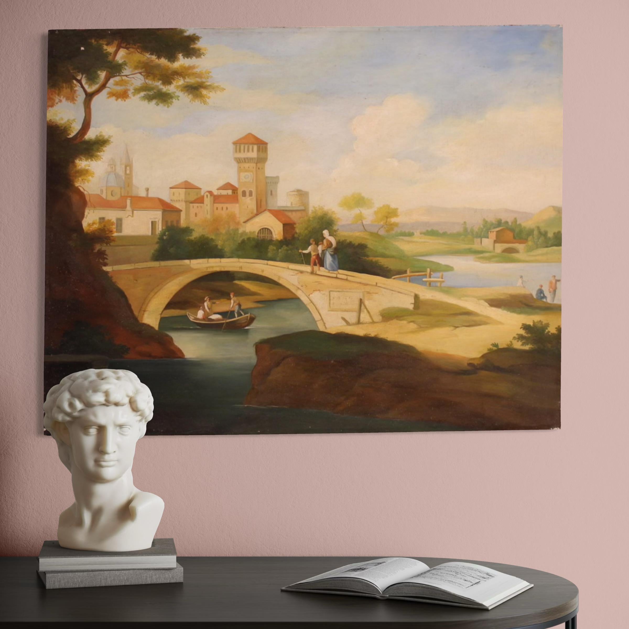 A olio 20th Century Oil on Canvas Landscape Painting with Figures, 1970 in vendita