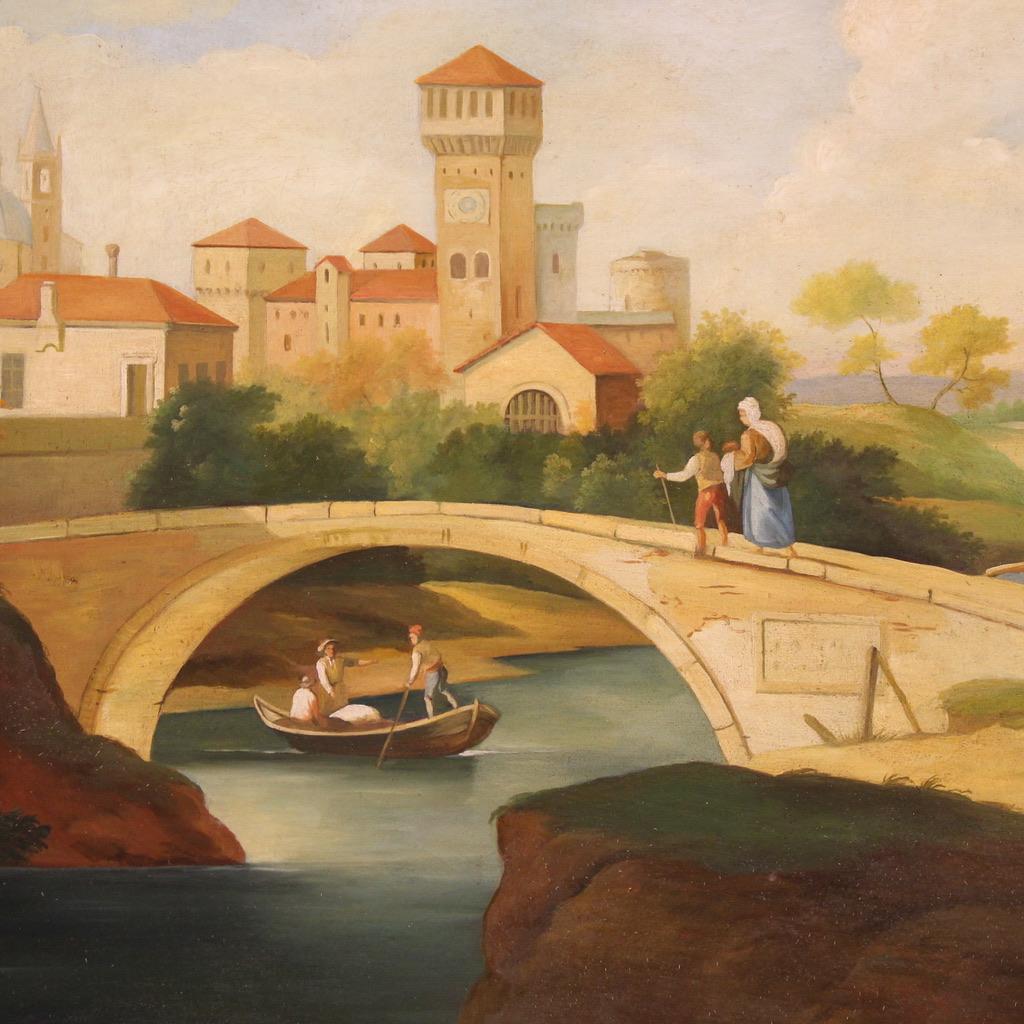 Late 20th Century 20th Century Oil on Canvas Landscape Painting with Figures, 1970 in vendita